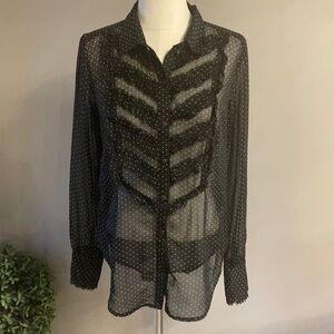 FREE PEOPLE women’s polka dot sheet RUFFLED button up blouse  whtite black Small